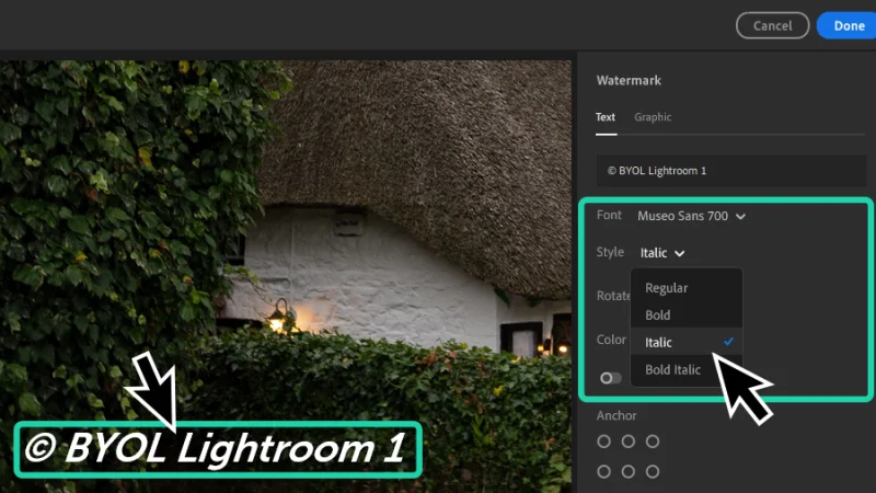 changing watermark text style to italic in lightroom
