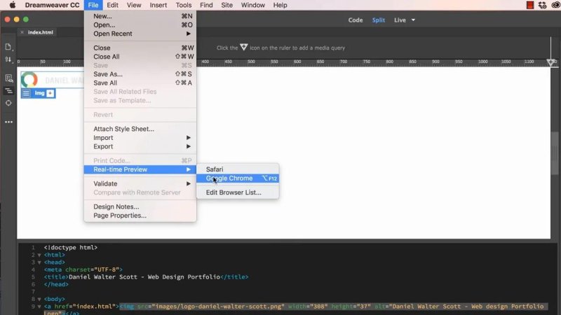 Dreamweaver interface showing the File menu open, navigating through Real-time Preview and hovering over the Google Chrome browser option with the shortcut F12.