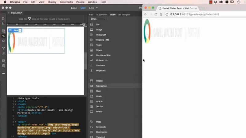 Split-screen display showing Dreamweaver with HTML markup and an inserted logo element on the left, alongside a local Chrome browser window rendering the same portfolio logo on the right.