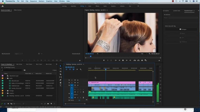 Premiere Pro workspace showing an assembled wedding video sequence on the timeline, with an adjustment layer on track V2 and audio tracks organized below.