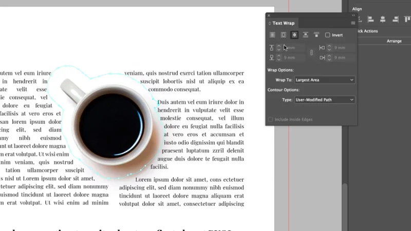 two column text wrapped around image of a coffee cup in indesign