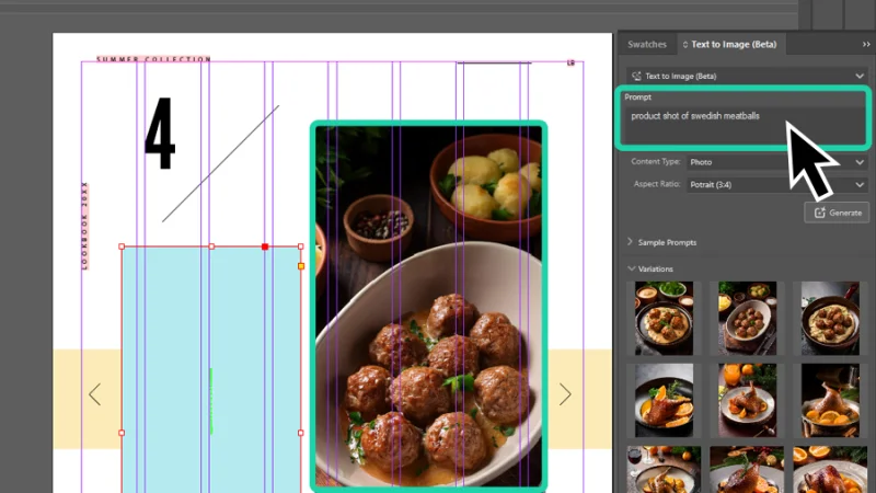creating through generative ai the image of swedish meatballs in indesign
