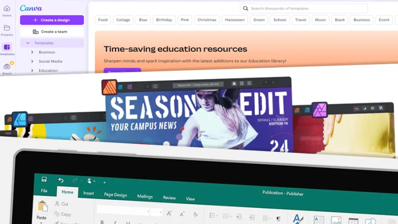 overlapping images related to canva, affinity, and microsoft publisher