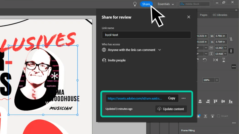 share for review feature highlighted in indesign