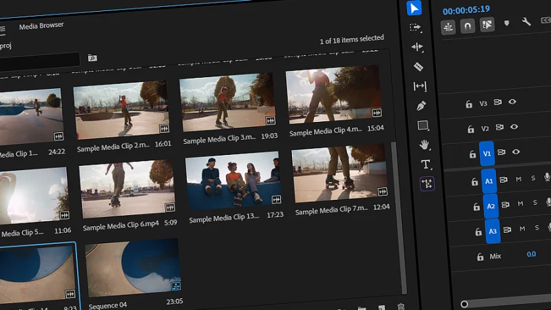 skateboard performer footage clips and view of timeline layers in premiere pro