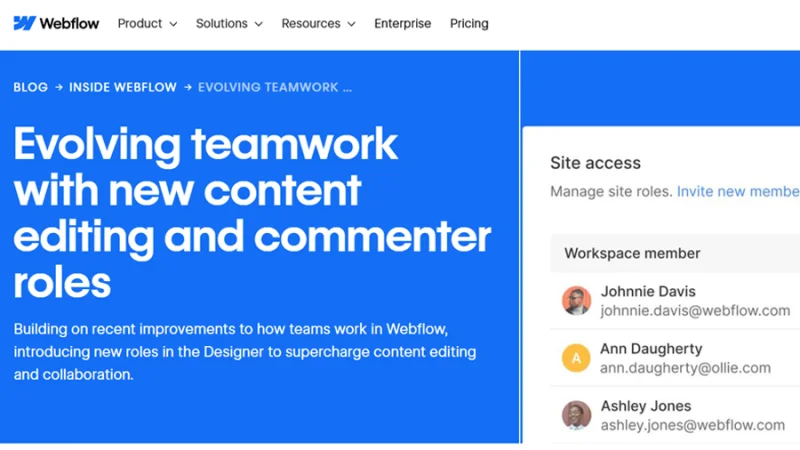 webflow teamwork dedicated website page