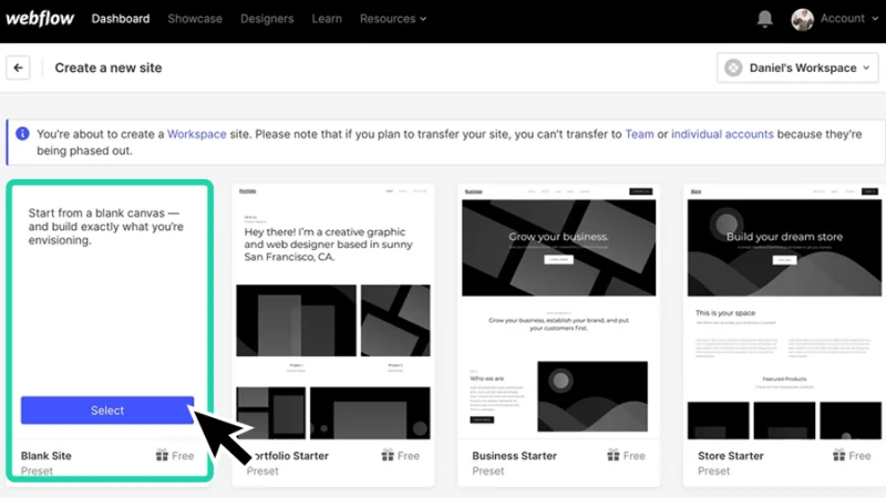 creating a new site project in webflow