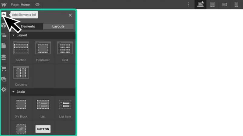 add elements panel highlighted in webflow