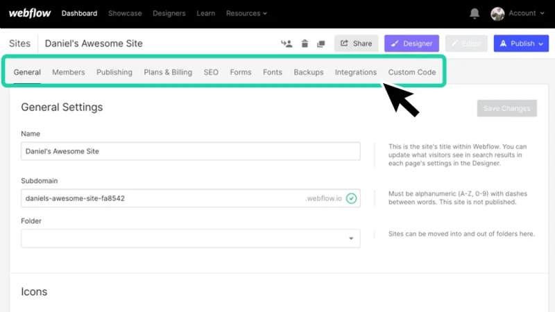 project settings navigation bar highlighted in webflow