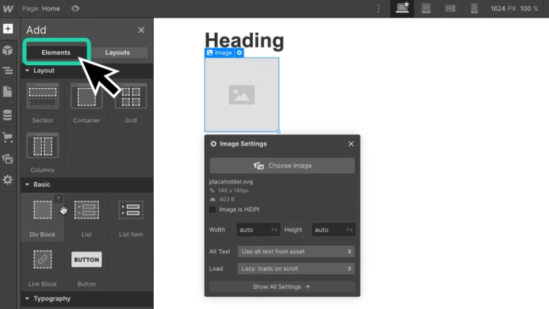 heading and image placeholder elements preview in webflow