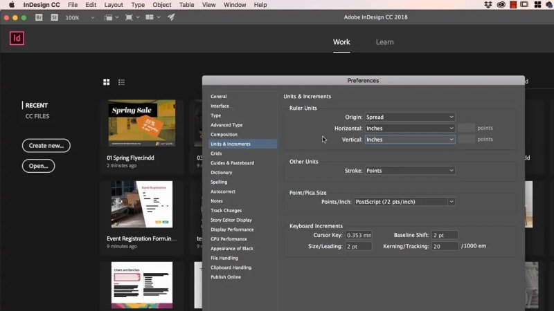 InDesign start screen with the Preferences dialog box open to the Units & Increments settings.