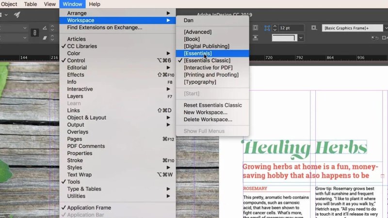 InDesign Window menu expanded to show the Workspace submenu with the Essentials workspace option highlighted over an editorial layout.