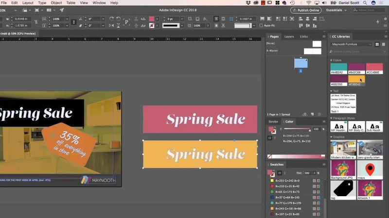 InDesign workspace displaying three color variations of a 