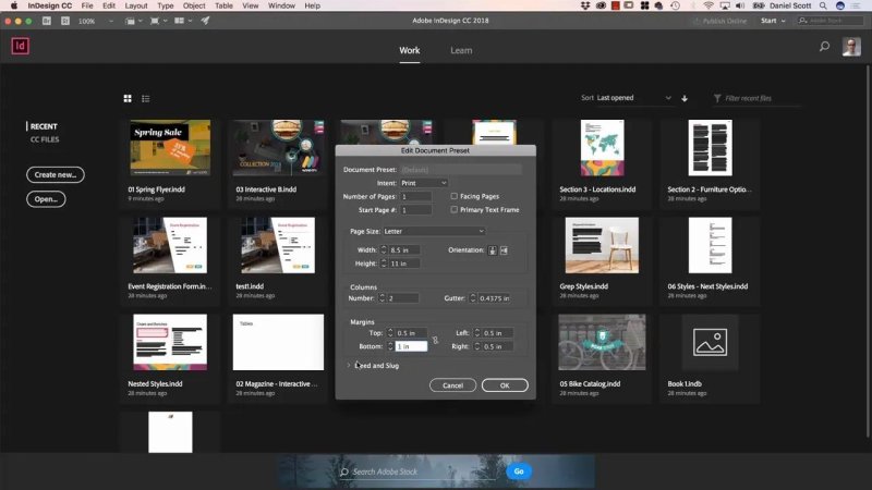 InDesign start screen showing recent document thumbnails with the 