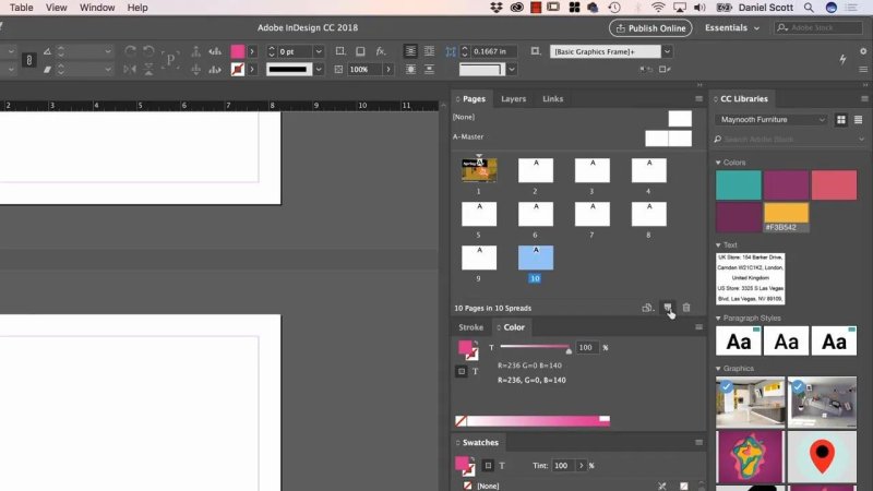 InDesign workspace with the Pages panel open showing a 10-page document structure, positioned beside CC Libraries and Color panels.